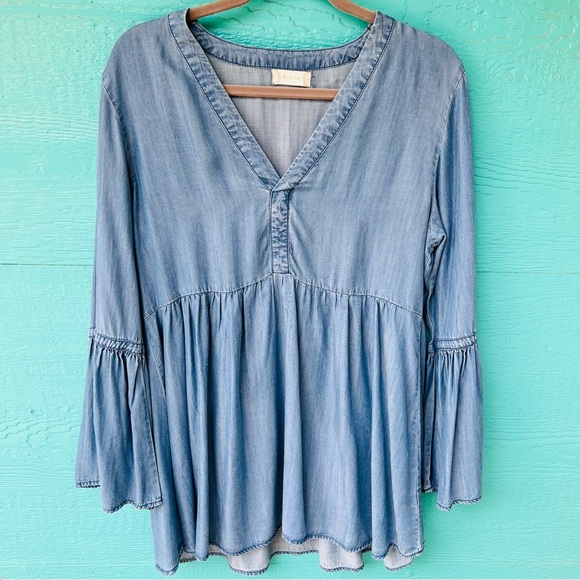 ALTAR’D STATE CHAMBRAY DENIM LYOCELL EMPIRE WAIST FLOWY TUNIC TOP SIZE LARGE - Picture 1 of 7